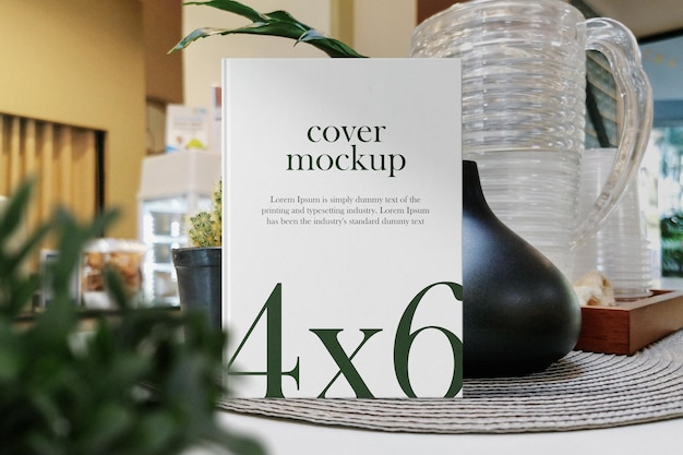 Maquette de livre minimal propre 4x6 debout sur la table supérieure avec un fichier PSD de fond de vase et de plantes