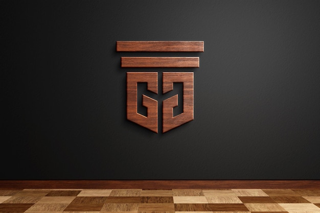 Maquette De Logo En Bois Sur Le Rendu 3d De Mur Noir