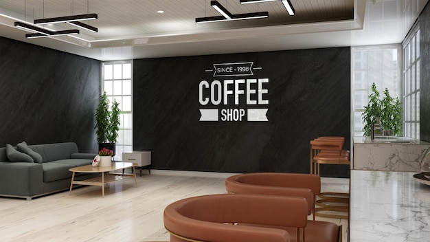 Maquette de logo de café mural 3d dans le café b avec canapé