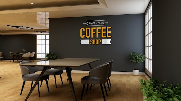 Maquette de logo mural 3d dans le café ou le restaurant avec table et chaise
