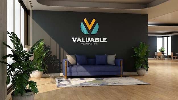 Maquette de logo mural 3d dans la salle d'attente du hall du bureau
