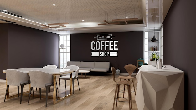 PSD maquette de logo mural 3d réaliste dans le café avec canapé