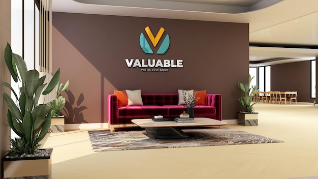 maquette de logo mural dans la salle d'attente du hall de bureau moderne
