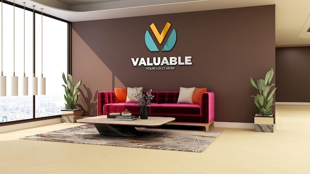 maquette de logo mural dans la salle d'attente du hall de bureau moderne