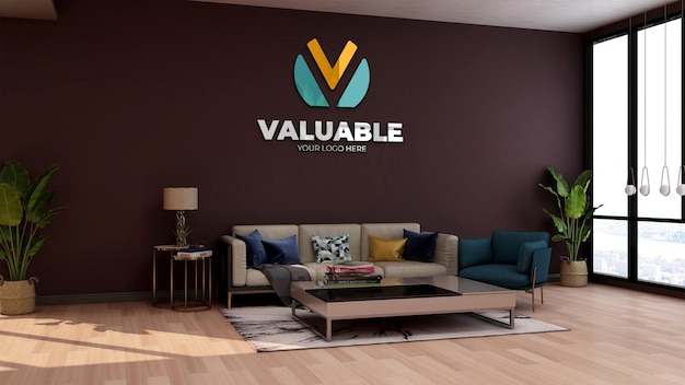 maquette de logo mural dans la salle d'attente du hall du bureau