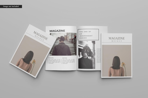 Maquette de magazine ouverte et vue de dessus de la couverture