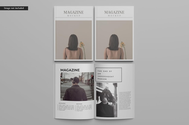 Maquette de magazine ouverte et vue de dessus de la couverture
