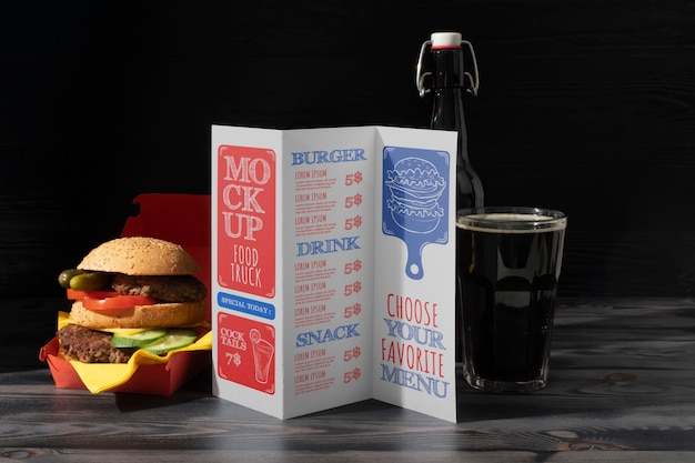 PSD maquette de menu hamburger avec des plats savoureux