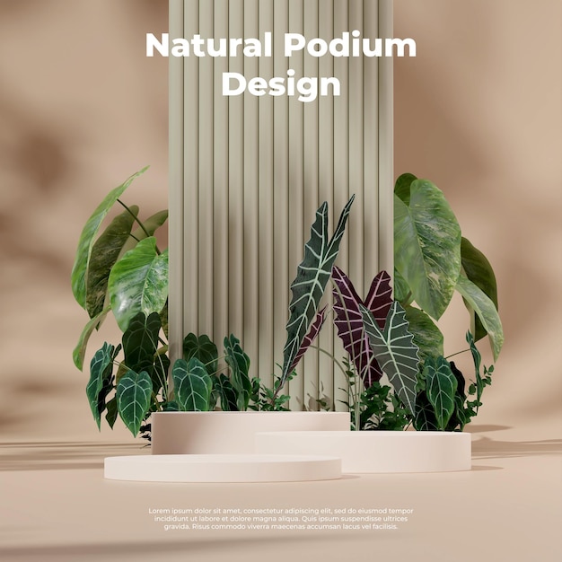 Maquette de modèle de rendu 3D podium blanc en carré avec des plantes d'alocasia et d'anthurium