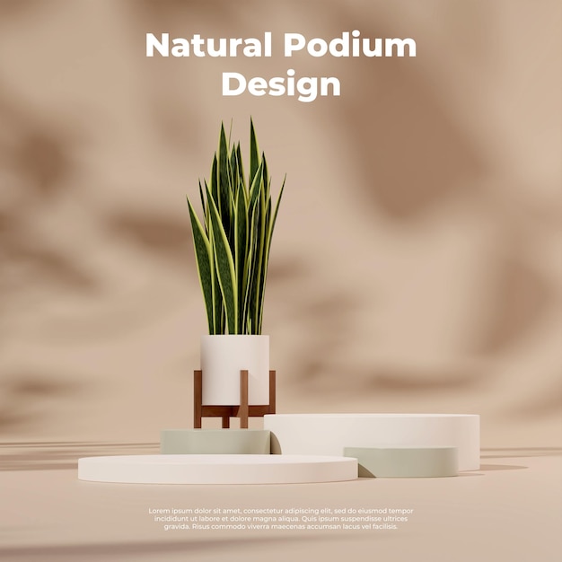 Maquette de modèle de rendu 3D podium vert blanc en carré avec plante de serpent et fond beige