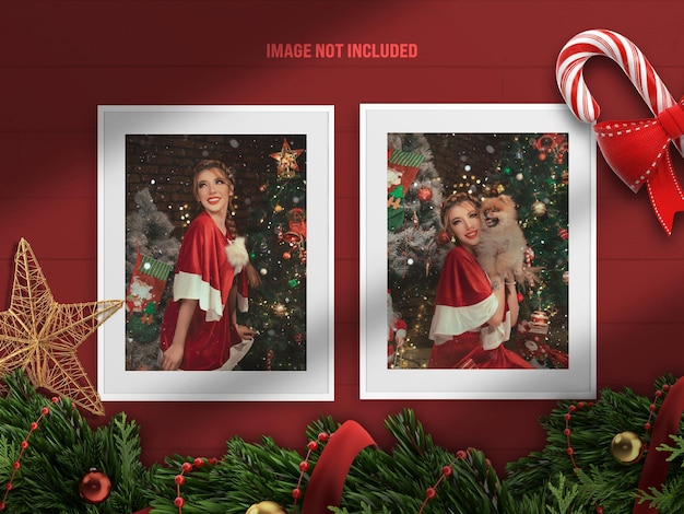 Maquette Ou Moodboard De Cadre Photo Réaliste Et Minimaliste Pour Joyeux Noël Et Bonne Année Avec Décoration De Rendu 3d