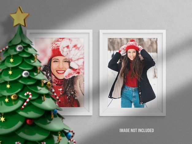 Maquette Ou Moodboard De Cadre Photo Réaliste Et Minimaliste Pour Joyeux Noël Et Bonne Année Avec Décoration De Rendu 3d