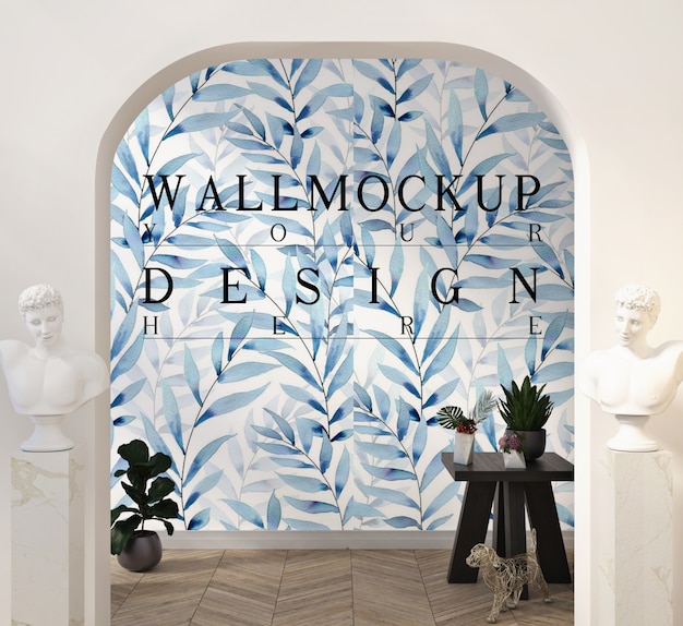 Maquette de mur dans un salon classique moderne avec décoration et statue sur piédestal