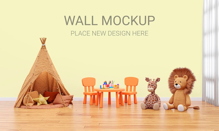 PSD maquette de mur de salle de jeux pour enfants illustration de rendu 3d avec arrière-plan personnalisable