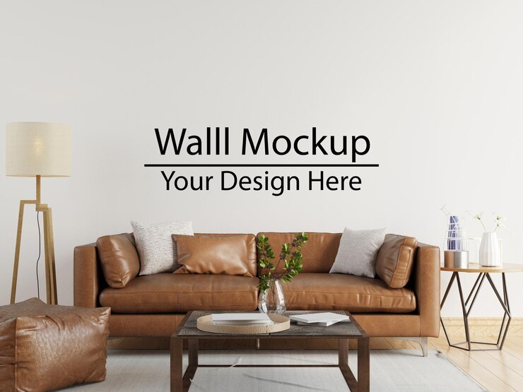 Maquette murale dans un fond intérieur moderne minimal, salon, style scandinave, rendu 3d