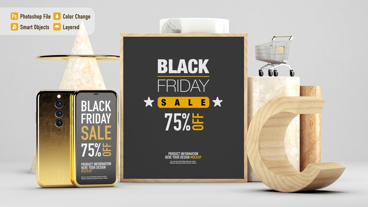PSD maquette de nature morte de luxe pour le black friday avec différents objets isolés