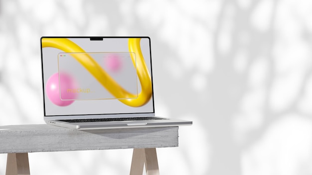 Une maquette d'ordinateur portable sur un fond blanc abstrait rendu en 3D