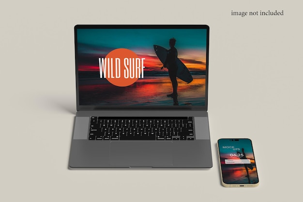 Une maquette d'ordinateur portable et de smartphone avec un thème de surf sauvage