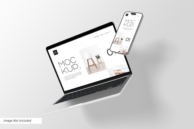 PSD une maquette d'ordinateur portable et de téléphone multi-appareils en chute