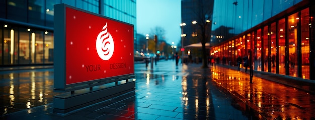 PSD maquette de panneau d'affichage rouge dans un centre commercial la nuit