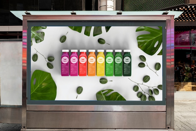 PSD maquette de panneau d'affichage avec des smoothies colorés