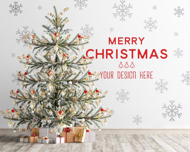 Maquette de papier peint avec arbre de Noël et coffrets cadeaux