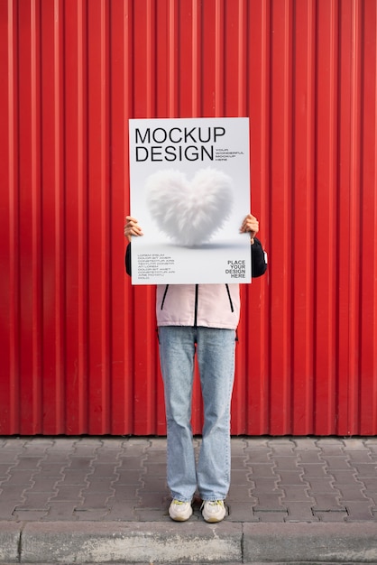 Maquette d'une personne tenant une affiche
