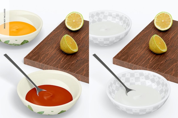 Maquette de petits plats en sauce, vue de gauche