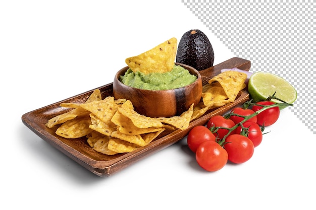 PSD maquette d'une planche de bois avec des nachos à la sauce guacamole et des ingrédients