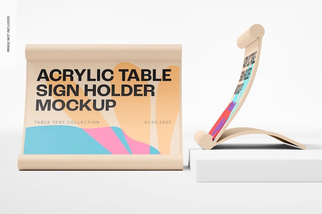 Maquette de porte-affiches de table en acrylique, vue de face et de côté