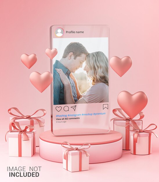 Maquette de poste Instagram sur modèle de verre Valentine Wedding Love Heart Shape and Gift Box