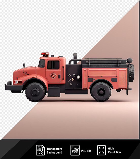 PSD une maquette premium d'un camion de pompiers avec des pneus noirs une porte rouge et une fenêtre en verre contre un ciel rose png psd