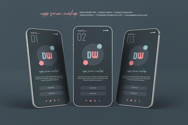 Maquette de présentation de l'interface de l'application sur l'écran du téléphone 3d isolé