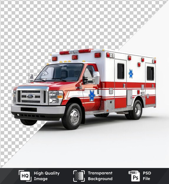 PSD maquette psd transparente de haute qualité d'une ambulance avec des pneus noirs, une grille argentée et une porte rouge sur un ciel gris et blanc