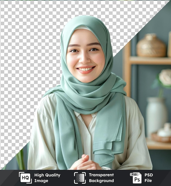 PSD une maquette psd transparente de haute qualité d'une étudiante au hijab souriante près d'une étagère en bois avec un vase