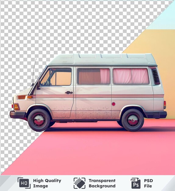 PSD une maquette psd transparente de haute qualité d'une fourgonnette blanche garée devant un mur jaune et un ciel bleu