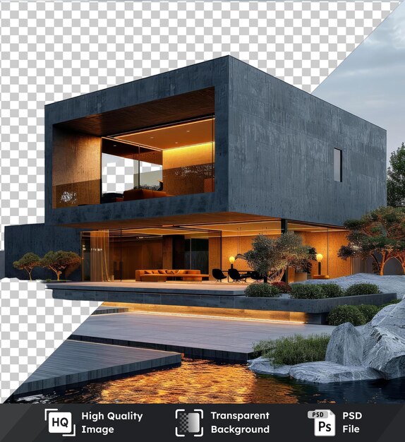 PSD une maquette psd transparente de haute qualité d'une maison moderne parmi la verdure luxuriante et la roche grise sous un ciel nuageux