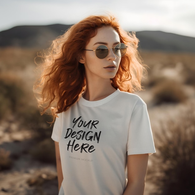 Maquette Psd De Tshirt Blanc Mettant En Vedette Une Fille Moderne Et Belle Avec De Longs Cheveux Roux Bouclés