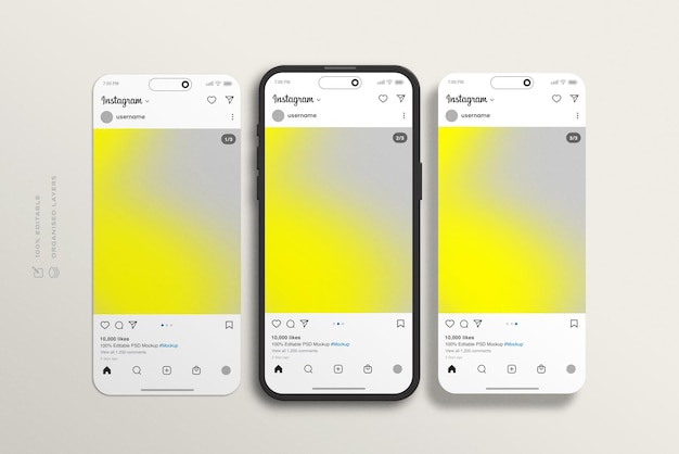 PSD maquette de publication et d'interface instagram avec écran de smartphone en argile