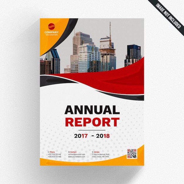 Maquette de rapport annuel avec des formes ondulées rouges et jaunes