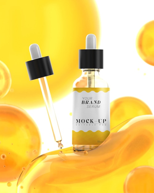 PSD maquette réaliste de bouteille de sérum sur bulle jaune maquette psd d'arrière-plan pour la présentation du produit