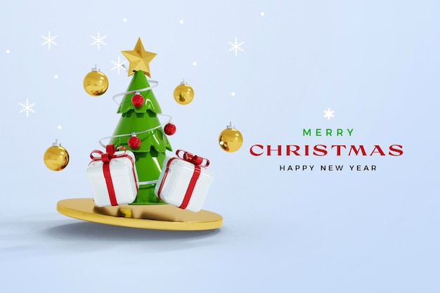 PSD maquette de rendu 3d isolé de noël et du nouvel an avec arbre de noël et boîte-cadeau