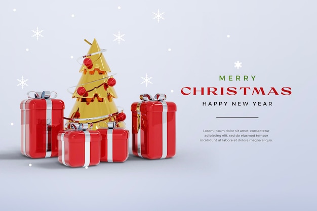 Maquette de rendu 3d isolé de Noël et du nouvel an avec boîte-cadeau et arbre de Noël