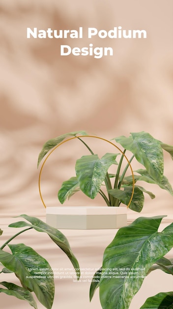 Maquette De Rendu 3d Modèle De Podium Vert Blanc En Portrait Avec Plante Alocasia Et Bague En Or