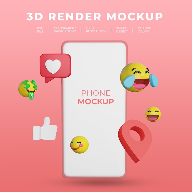 Maquette De Rendu 3d Smartphone Avec Médias Sociaux Emoji