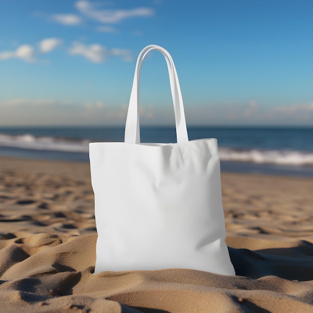 Une maquette de sac blanc sur le sable de la plage