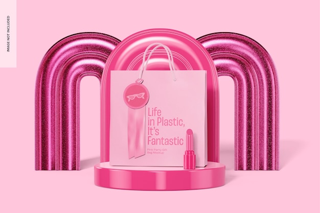 Une maquette de sac cadeau de fête rose, vue de devant