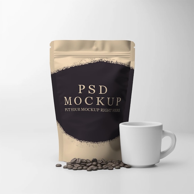 Une maquette d'un sac de café avec des grains de café