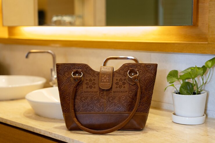 PSD maquette de sac en cuir avec motif gravé