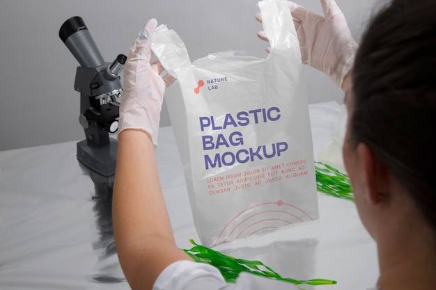 Maquette de sac en plastique avec des algues